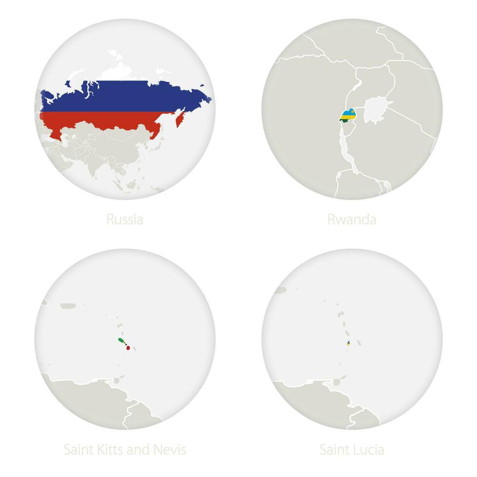 Rusia, Ruanda, Santo kitts y nevis, Santo lucia mapa contorno y nacional bandera en un círculo. vector