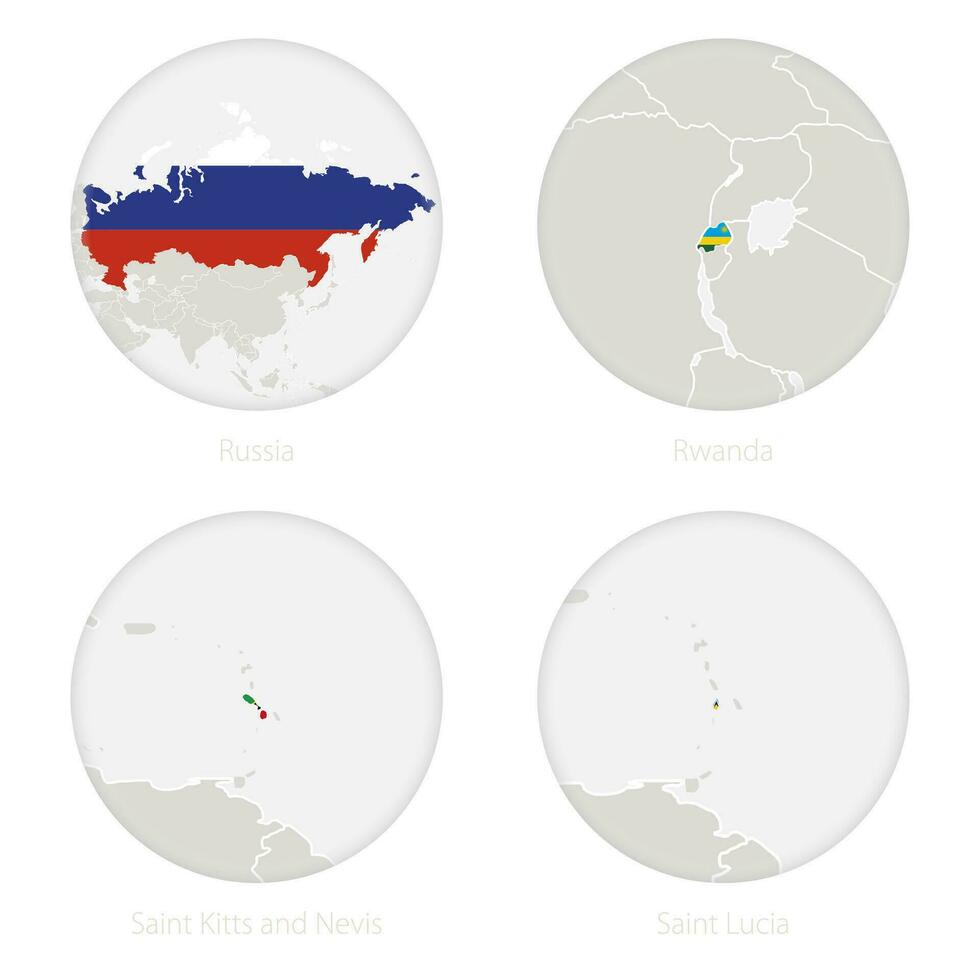 Russia, Rwanda, Saint Kitts and Nevis, Saint Lucia map contour and national flag in a circle. vector
