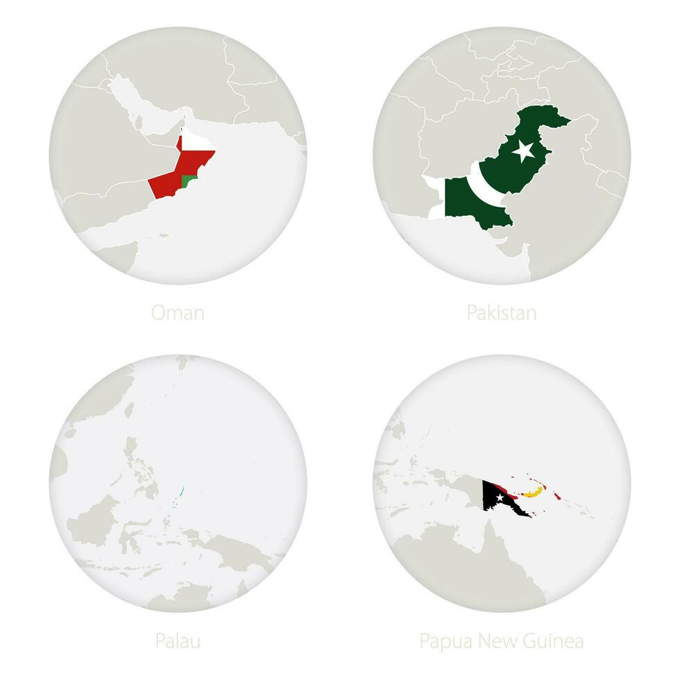 Oman, Pakistan, Palau, Papua New Guinea map contour and national flag in a circle. vector
