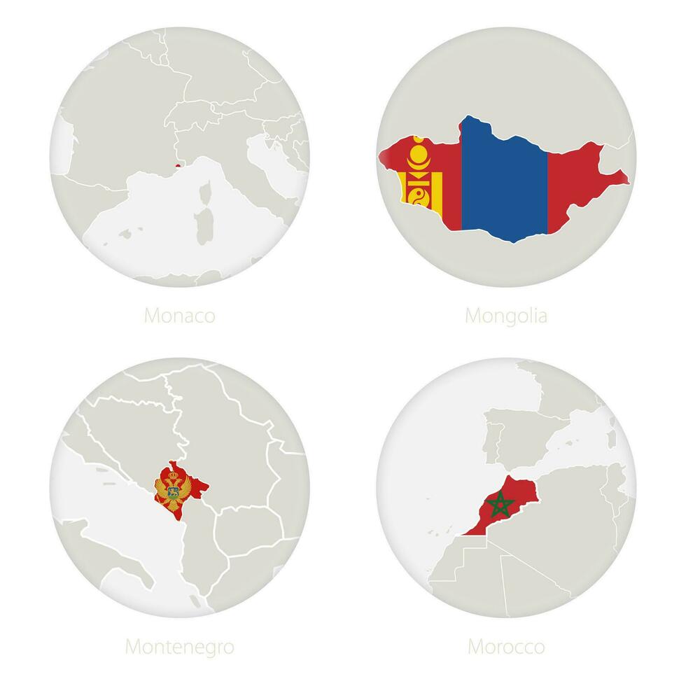 Monaco, Mongolia, Montenegro, Morocco map contour and national flag in a circle. vector