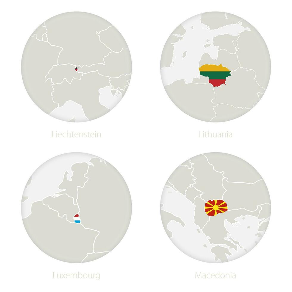 liechtenstein, Lituania, luxemburgo, macedonia mapa contorno y nacional bandera en un círculo. vector