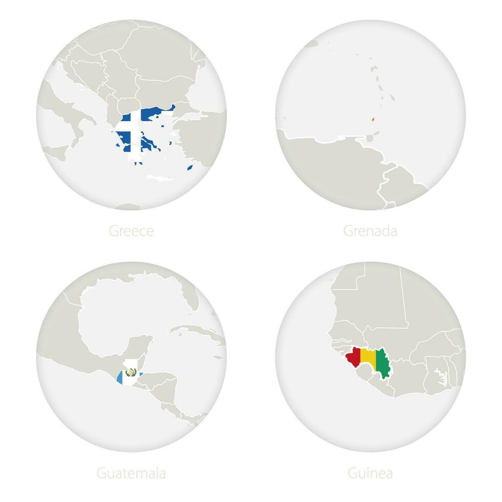 Greece, Grenada, Guatemala, Guinea map contour and national flag in a circle. vector