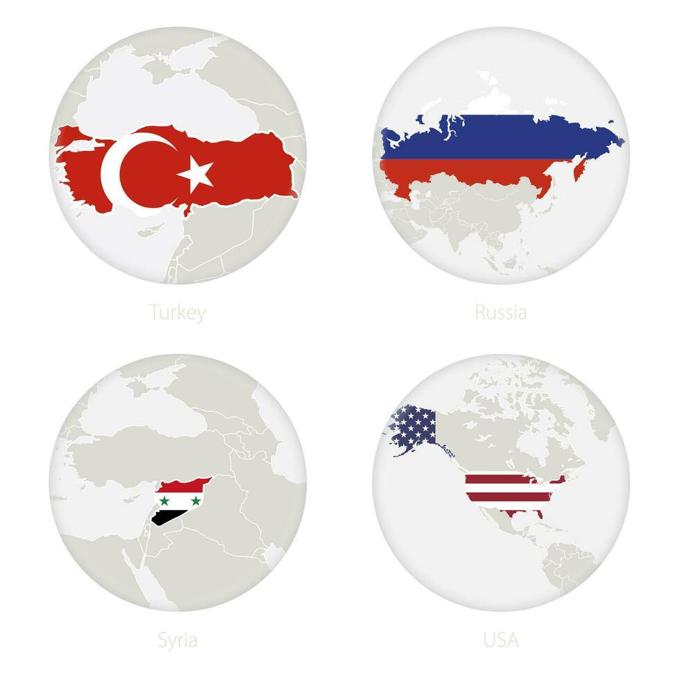 pavo, Rusia, Siria, Estados Unidos mapa contorno y nacional bandera en un círculo. vector
