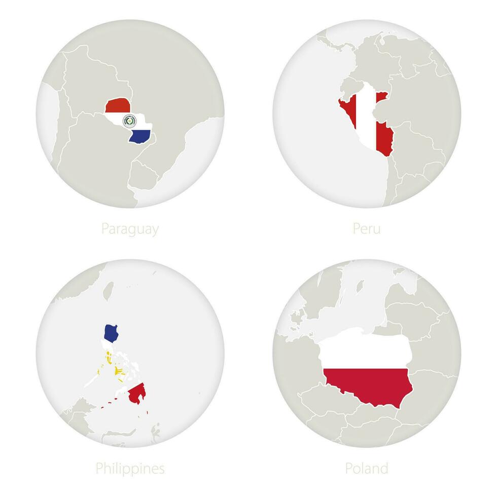 Paraguay, Peru, Philippines, Poland map contour and national flag in a circle. vector