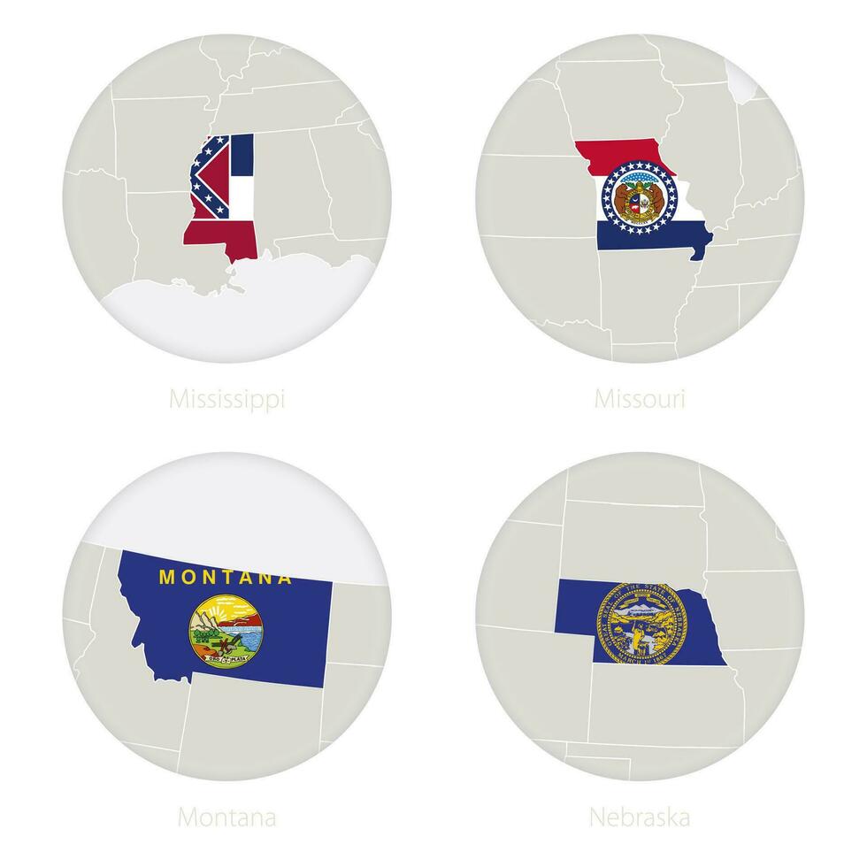 Mississippi, Missouri, Montana, Nebraska US states map contour and national flag in a circle. vector