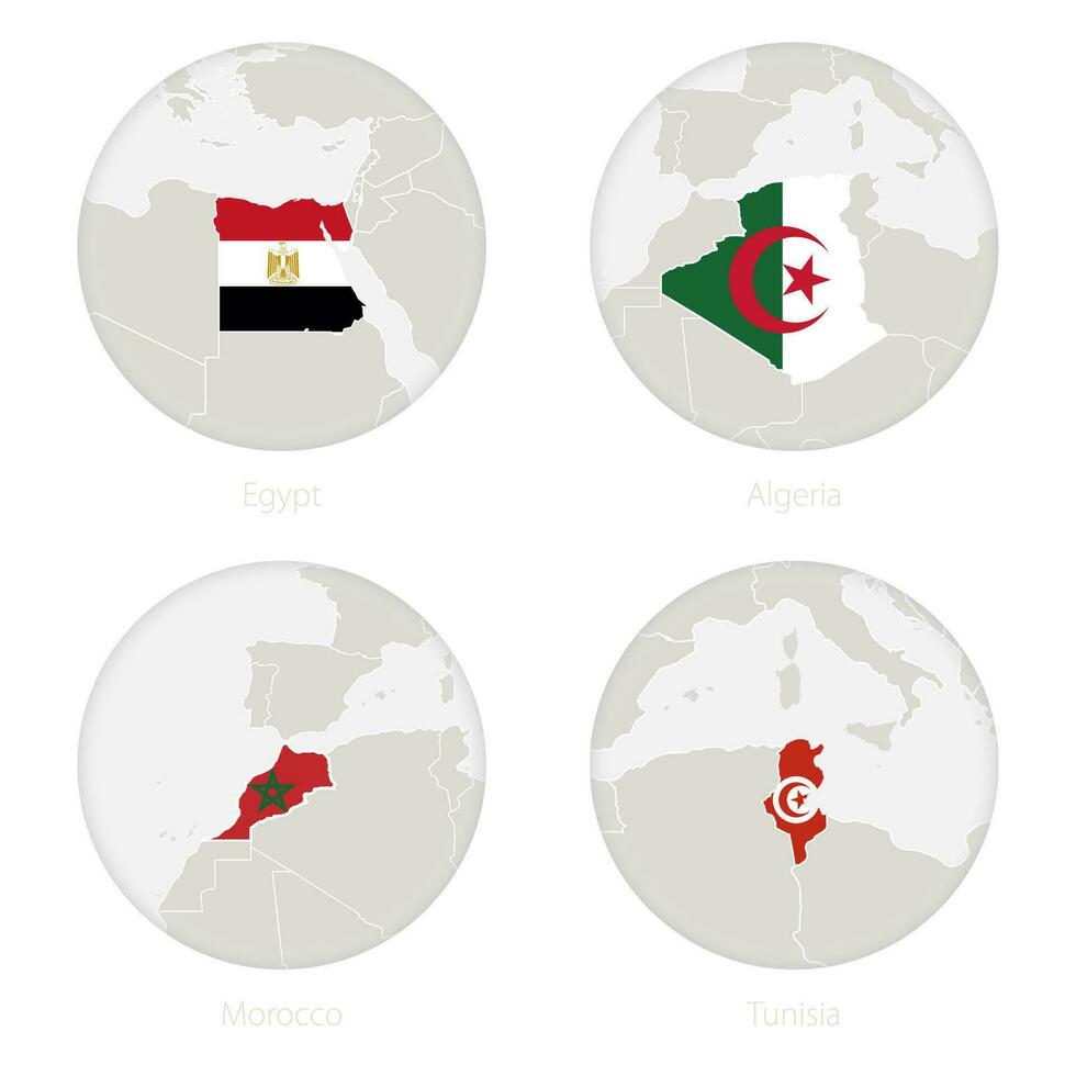 Egypt, Algeria, Morocco, Tunisia map contour and national flag in a circle. vector