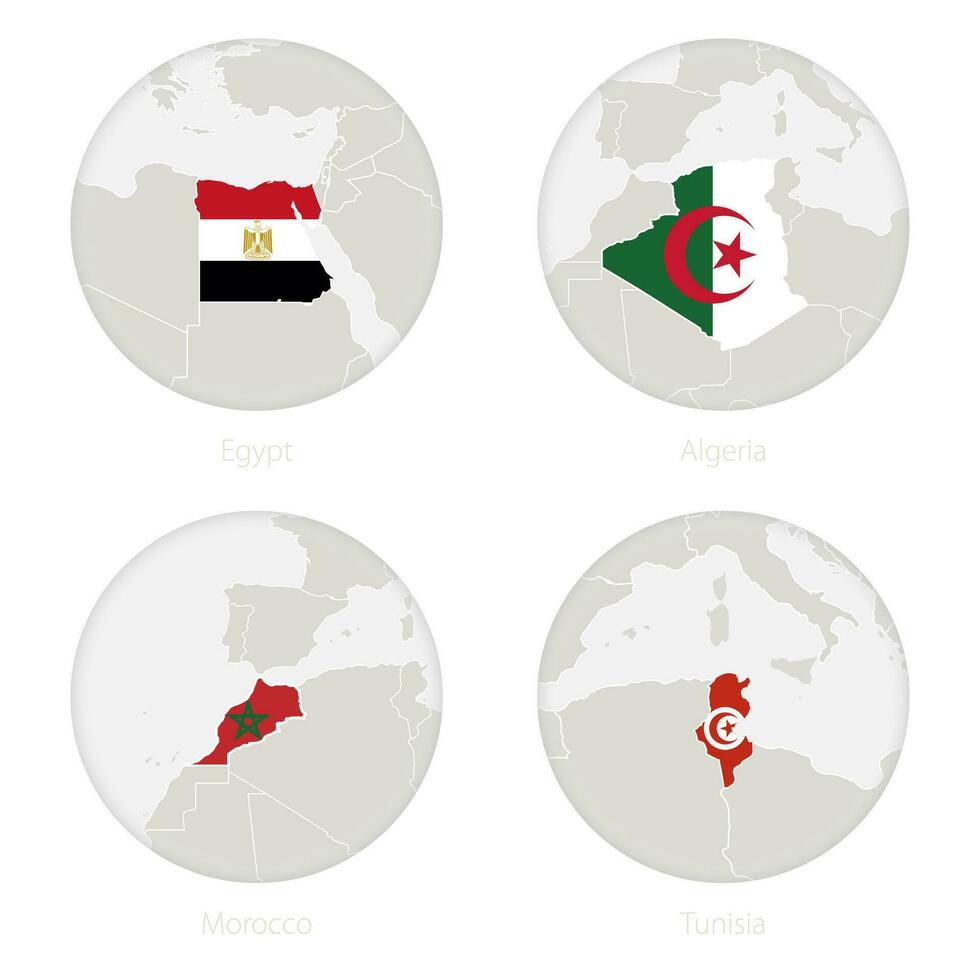 Egipto, Argelia, Marruecos, Túnez mapa contorno y nacional bandera en un círculo. vector