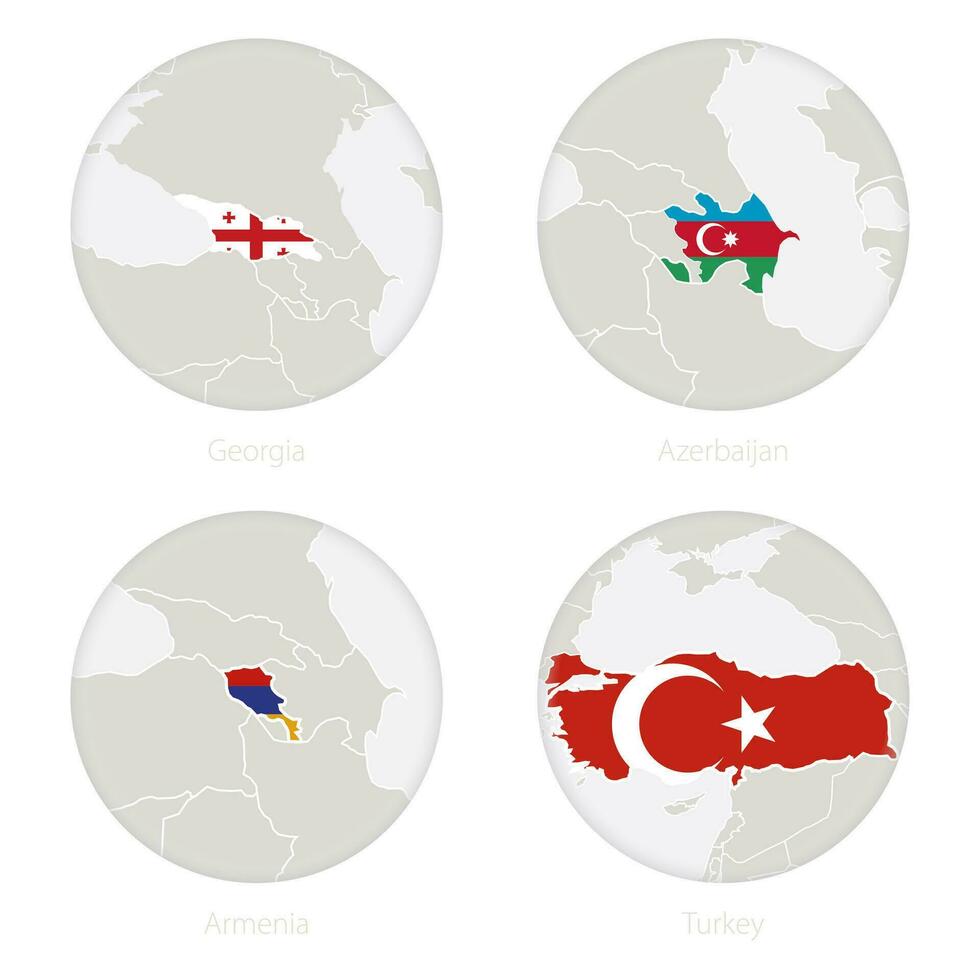 Georgia, Azerbaijan, Armenia, Turkey map contour and national flag in a circle. vector