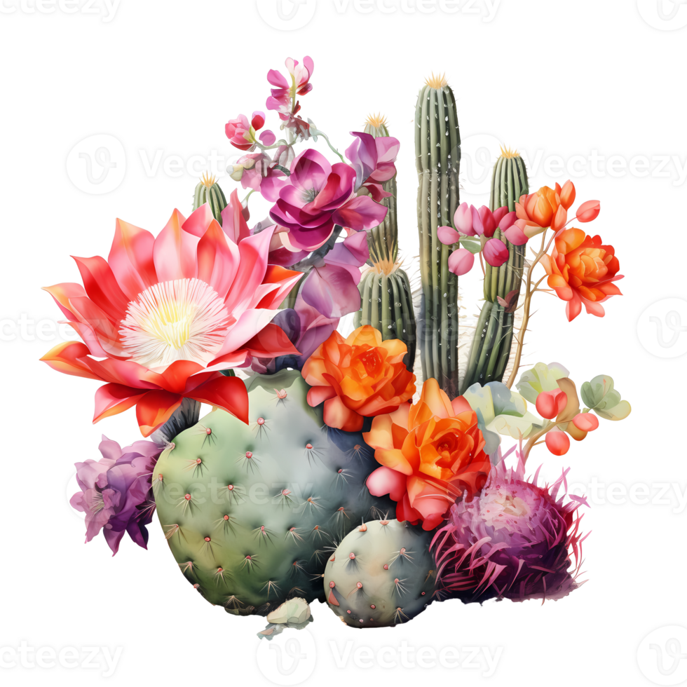 Ai generated cactus and flowers on transparent background png