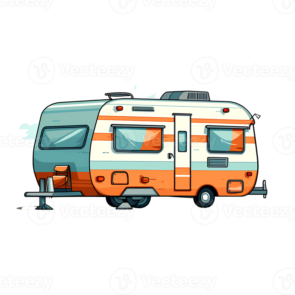 Ai generated rv trailer on a flat surface with trees and rocks png