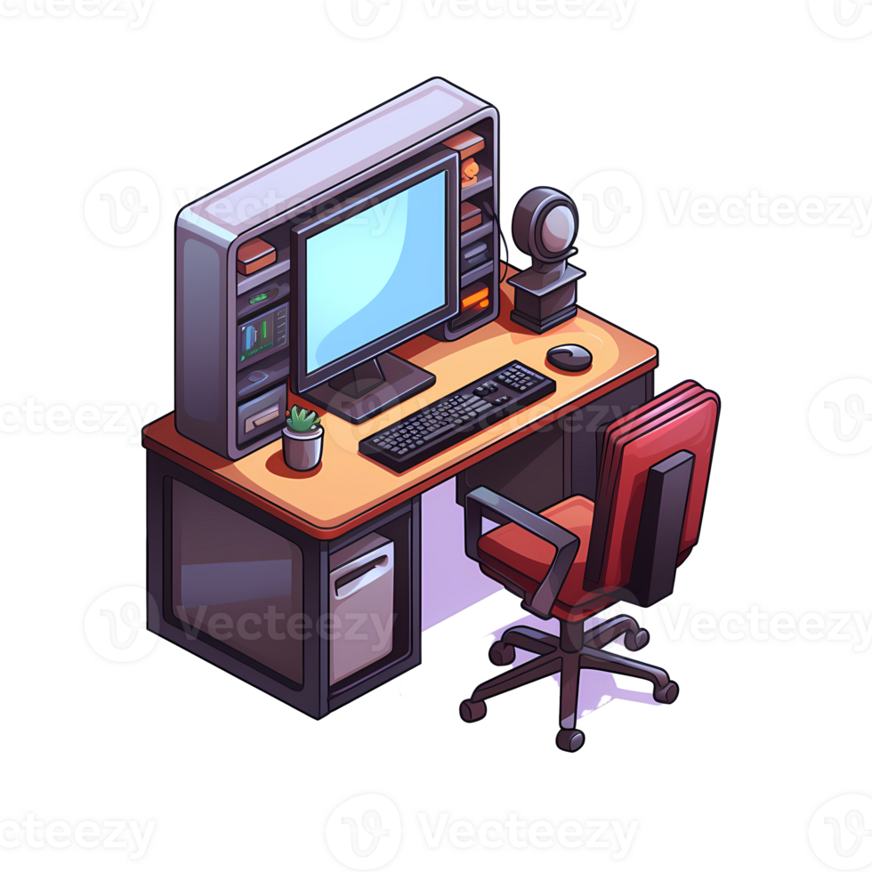 Ai generated isometric office desk with computer monitor, keyboard, mouse and monitor png