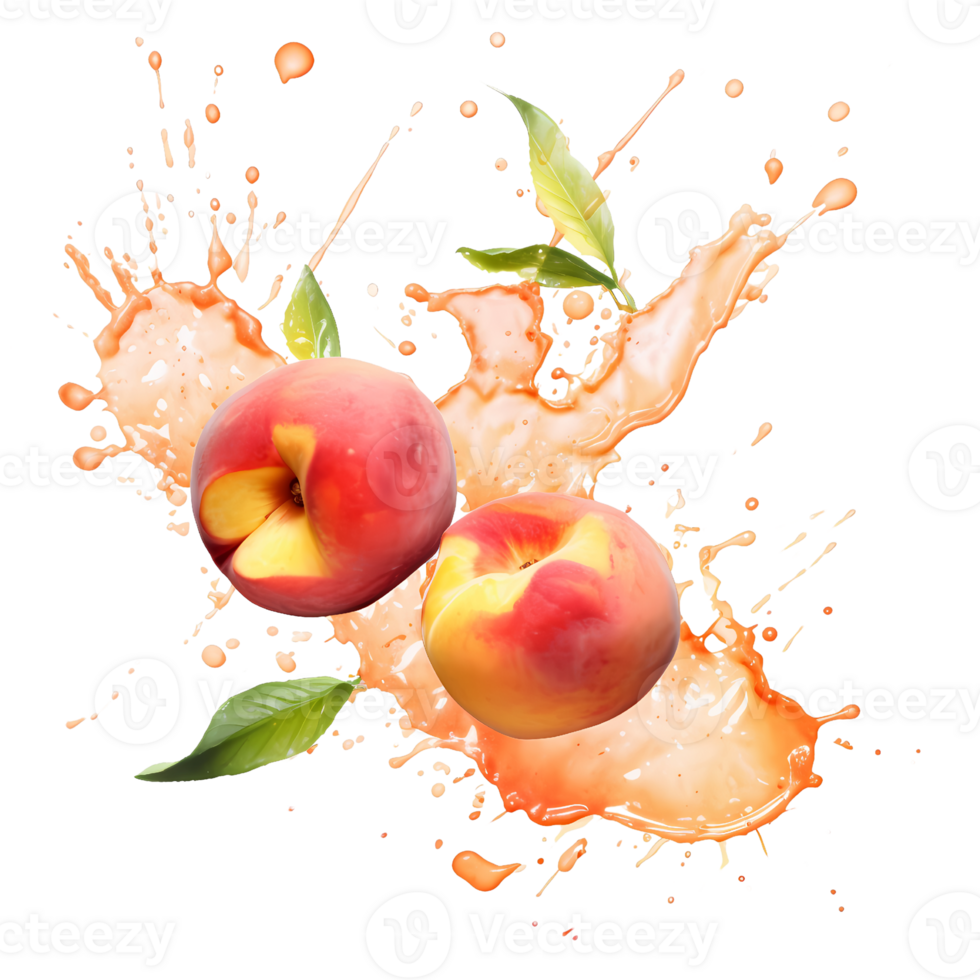 Ai generated peach fruit with splash and leaves on transparent background png