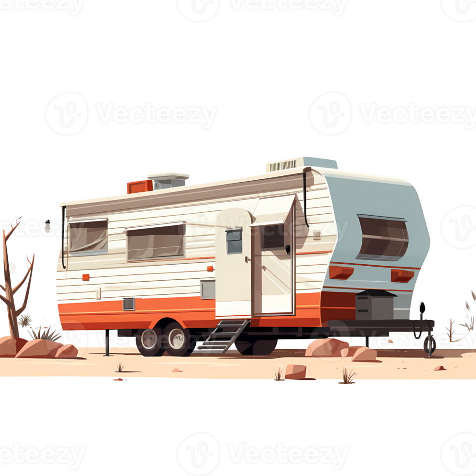 Ai generated rv trailer on a flat surface with trees and rocks png