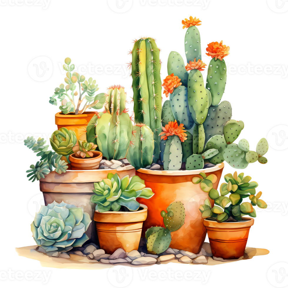 Ai generated watercolor cactus plants in pots png