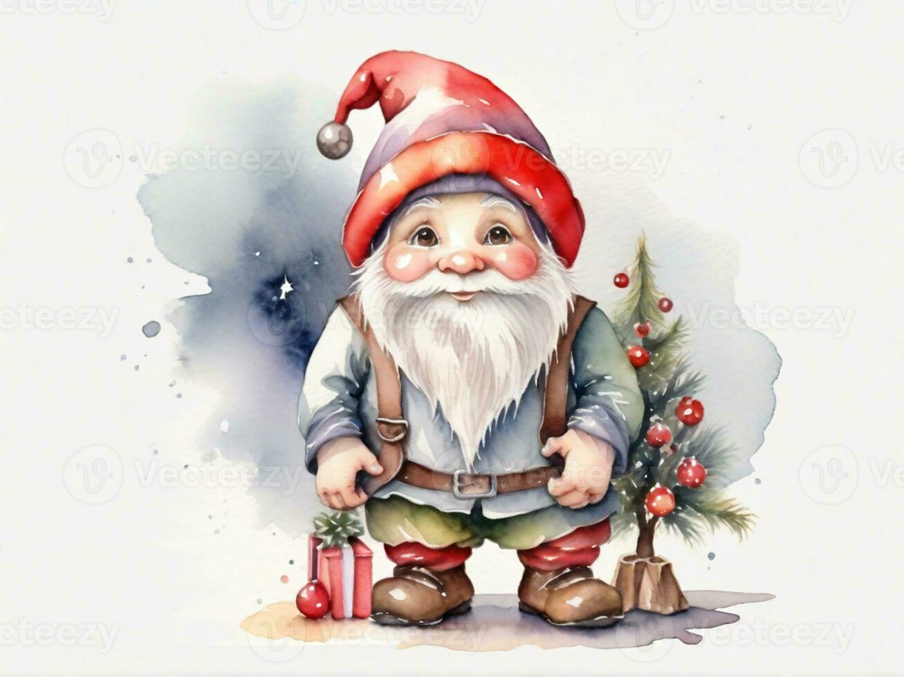 cute gnome santa claus drawing cartoon style and christmas tree on white background, watercolor photo