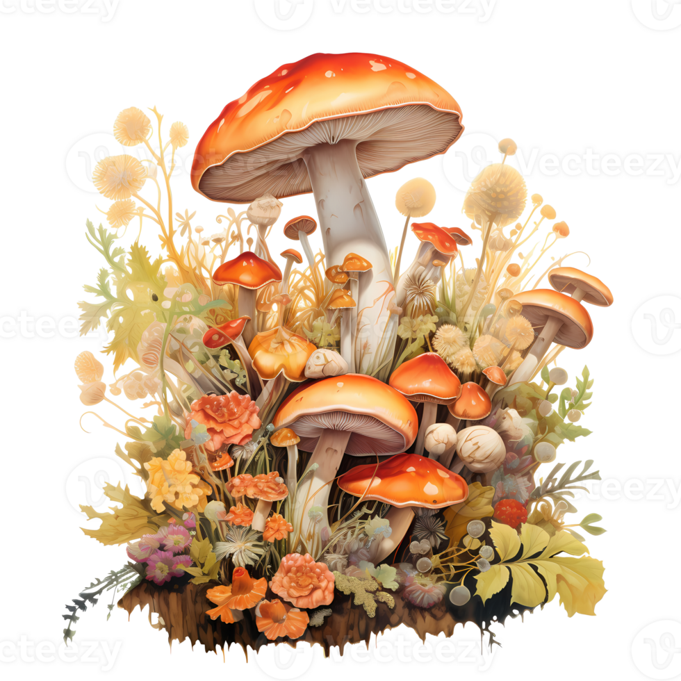 Ai generated mushrooms and plants on a transparent background png