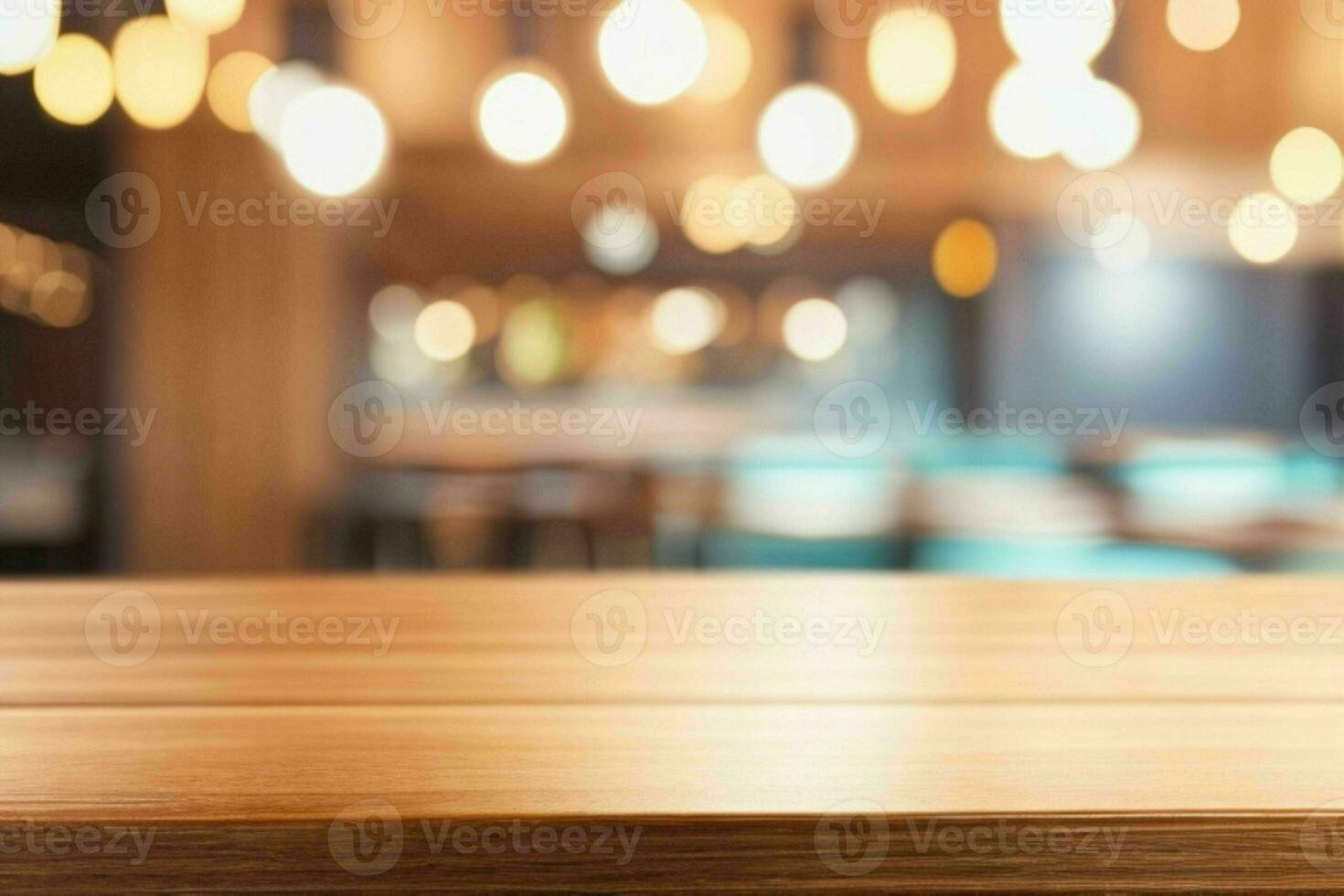 wooden table in front of a blurred background of restaurant lights. AI Generative Pro Photo