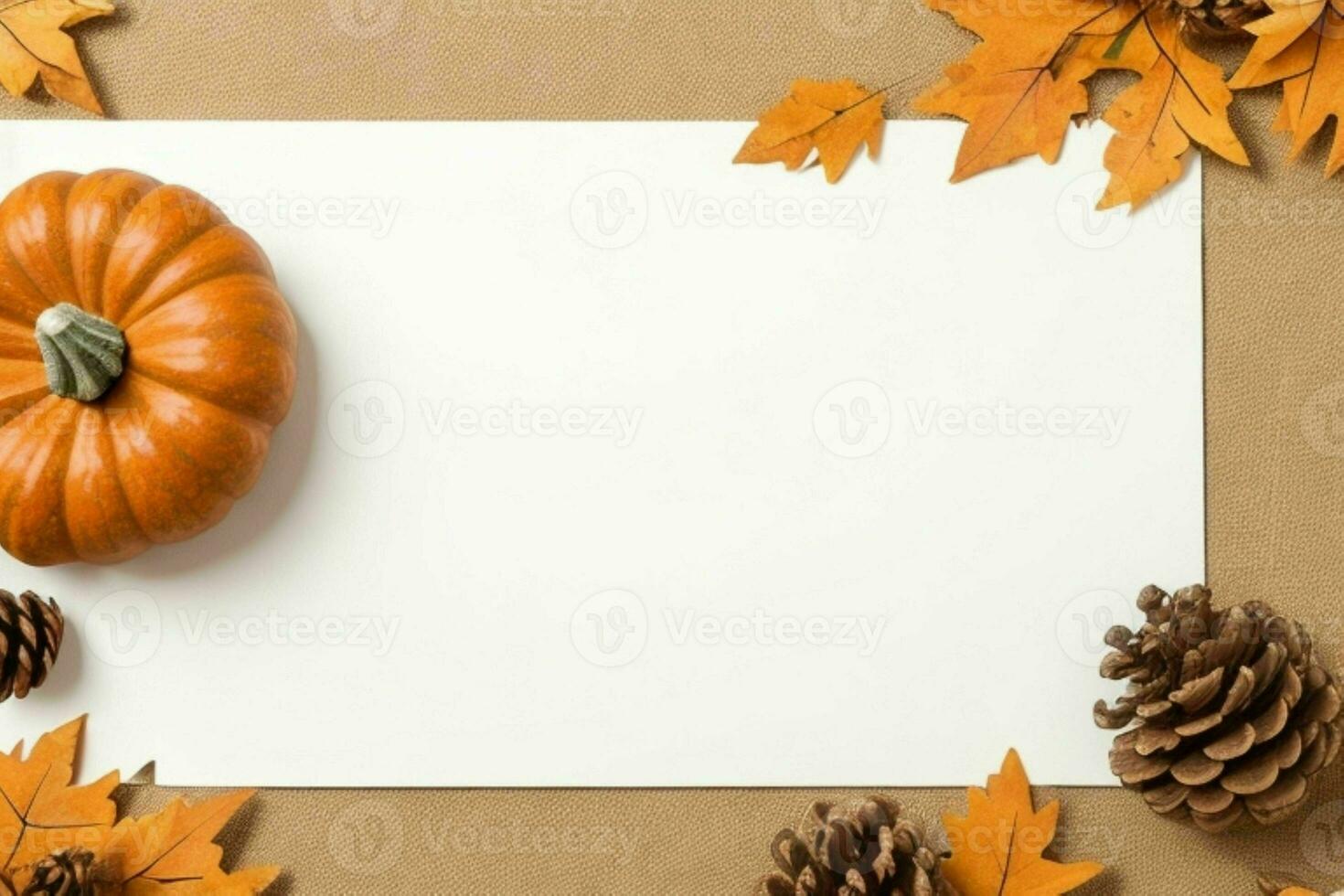 pumpkin, pine cones and dry leaves decoration. paperwhite blank card mockup background. AI Generative Pro Photo