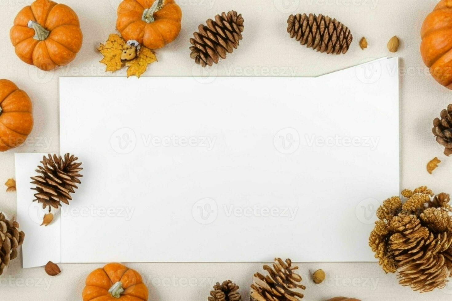 pumpkin, pine cones and dry leaves decoration. paperwhite blank card mockup background. AI Generative Pro Photo