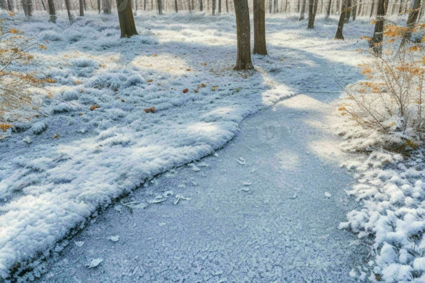 Frosty fallen leaves with shiny ice frost in snowy forest park. background. AI Generative Pro Photo