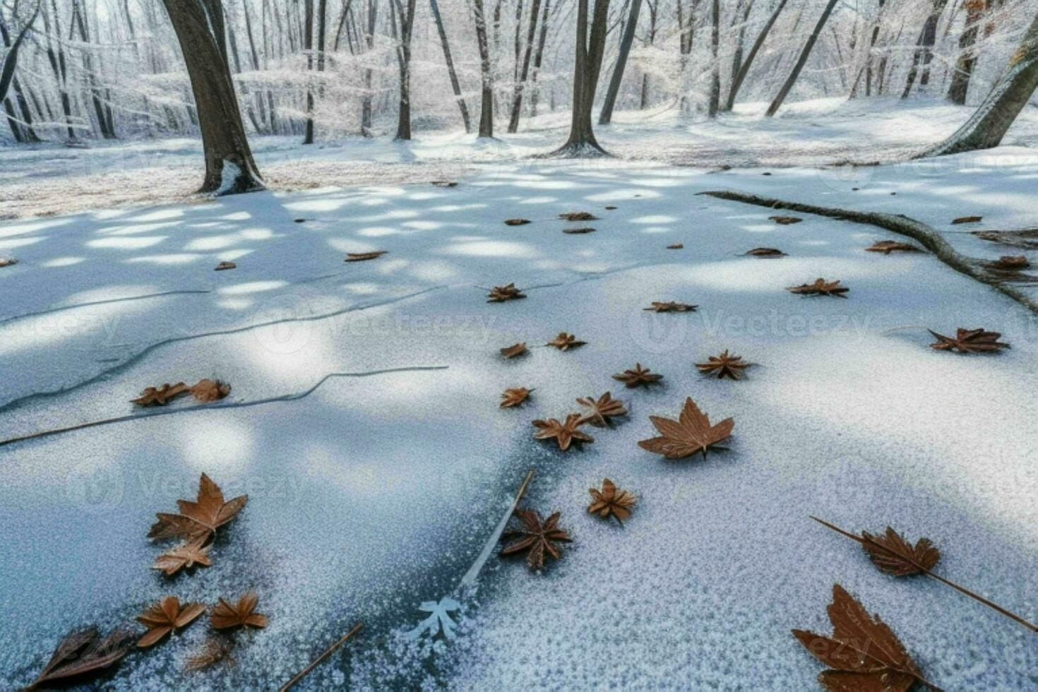 Frosty fallen leaves with shiny ice frost in snowy forest park. background. AI Generative Pro Photo