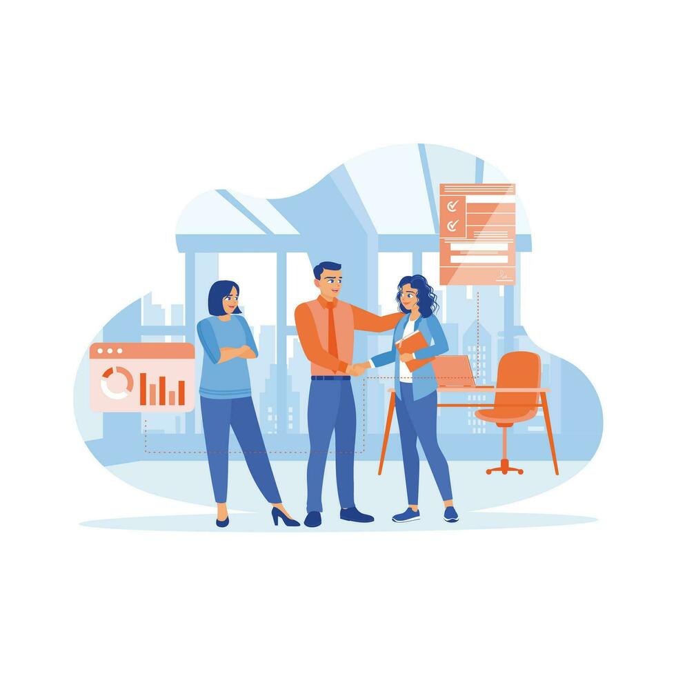 The male manager is having a meeting with colleagues in the office. Manager shaking hands with a new employee at work. New employees concept. trend modern vector flat illustration