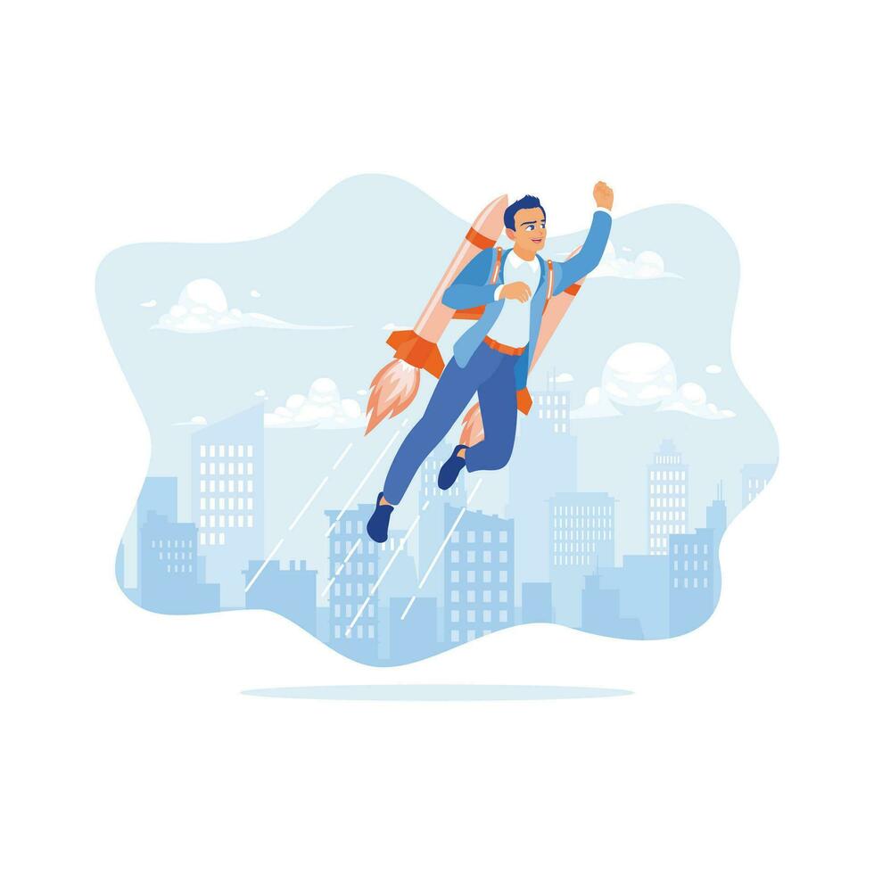 A young businessman is flying with a rocket on his back. The background is a city view with skyscrapers. Career Development Concept. trend modern vector flat illustration