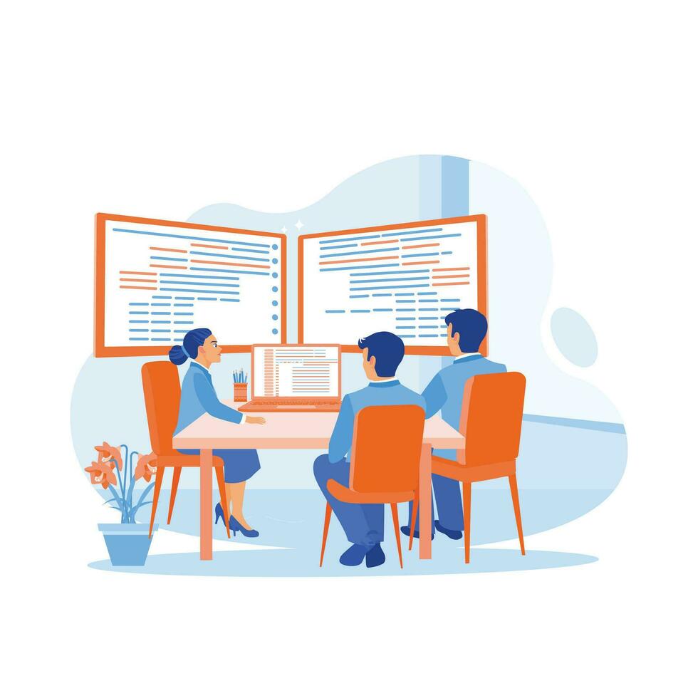 Team of programmers working in modern office. Discuss together and develop programming and coding on a computer screen. Software developers concept. trend modern vector flat illustration