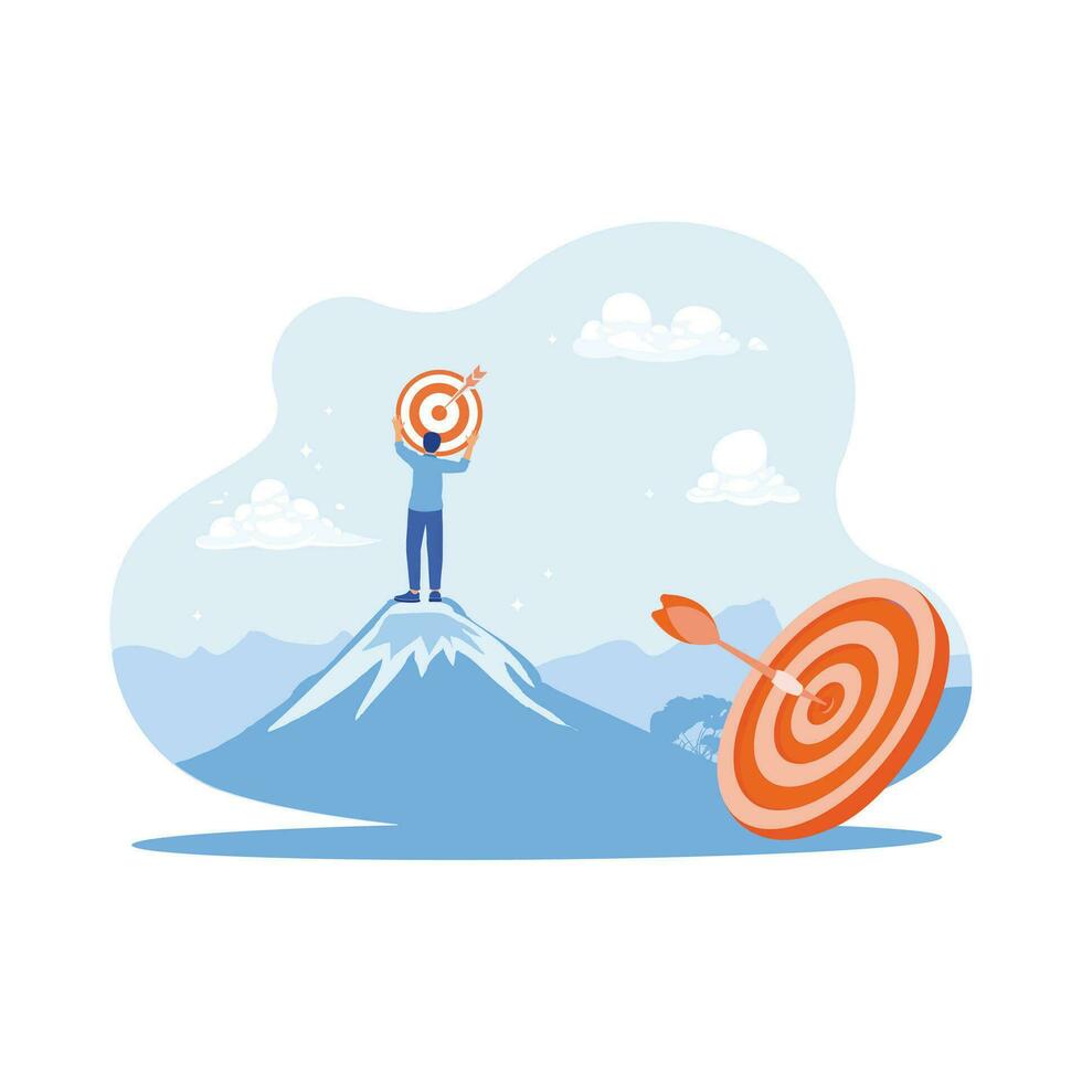 Businessman holding target board on a mountain top. Efforts to achieve goals. Marketing concept. trend modern vector flat illustration