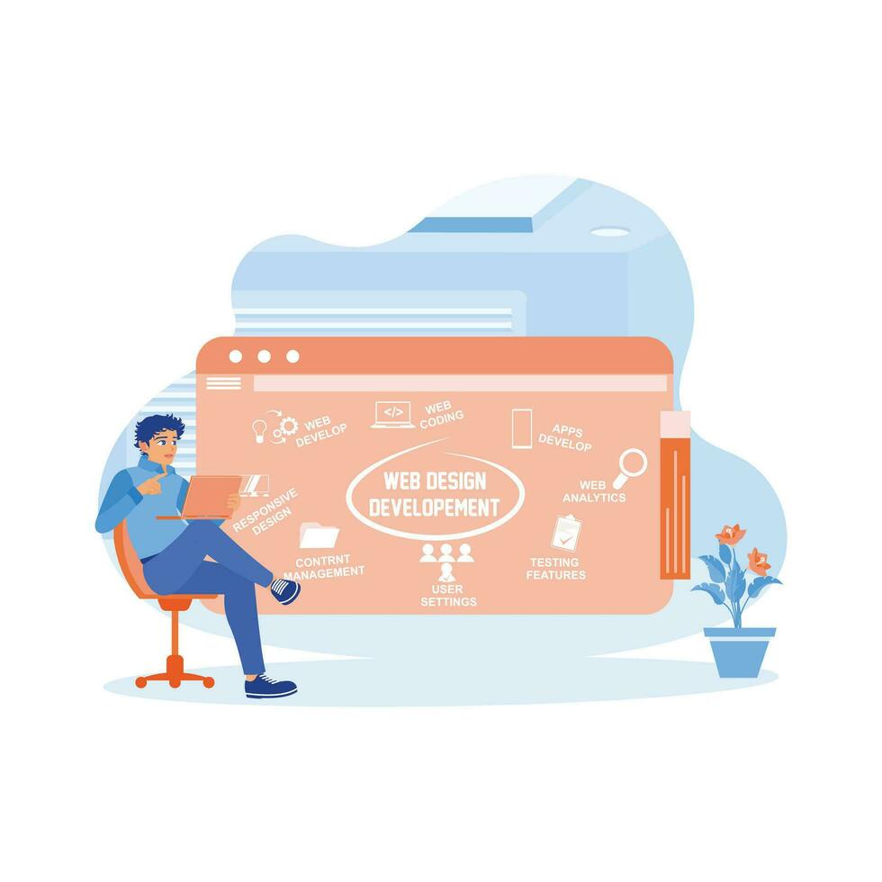 Computer programmers work in modern companies. Developing web design and development concepts using a laptop. Web design concept. trend modern vector flat illustration