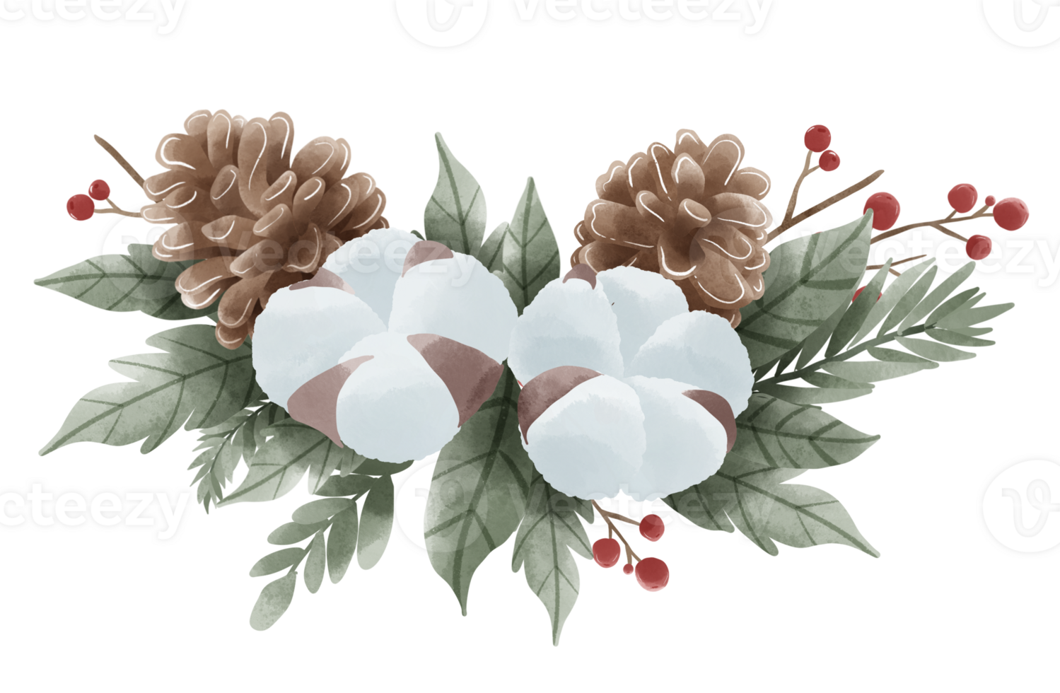 Watercolor Christmas Cotton Holly pine cone composition border hand drawn illustration png