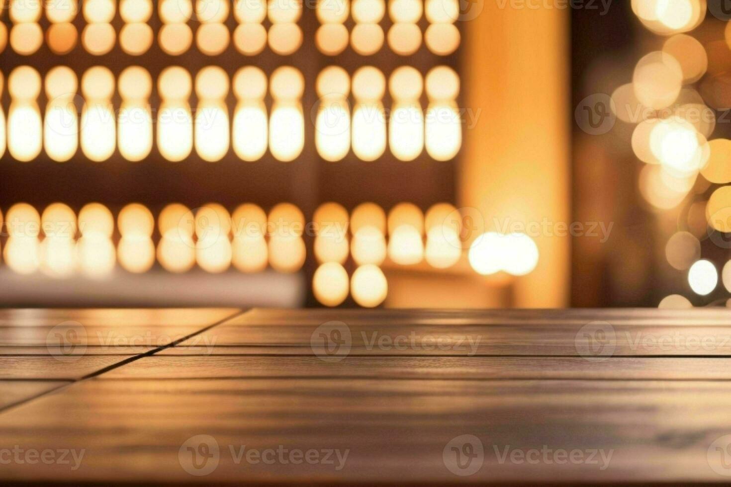 wooden table in front of a blurred background of restaurant lights. AI Generative Pro Photo