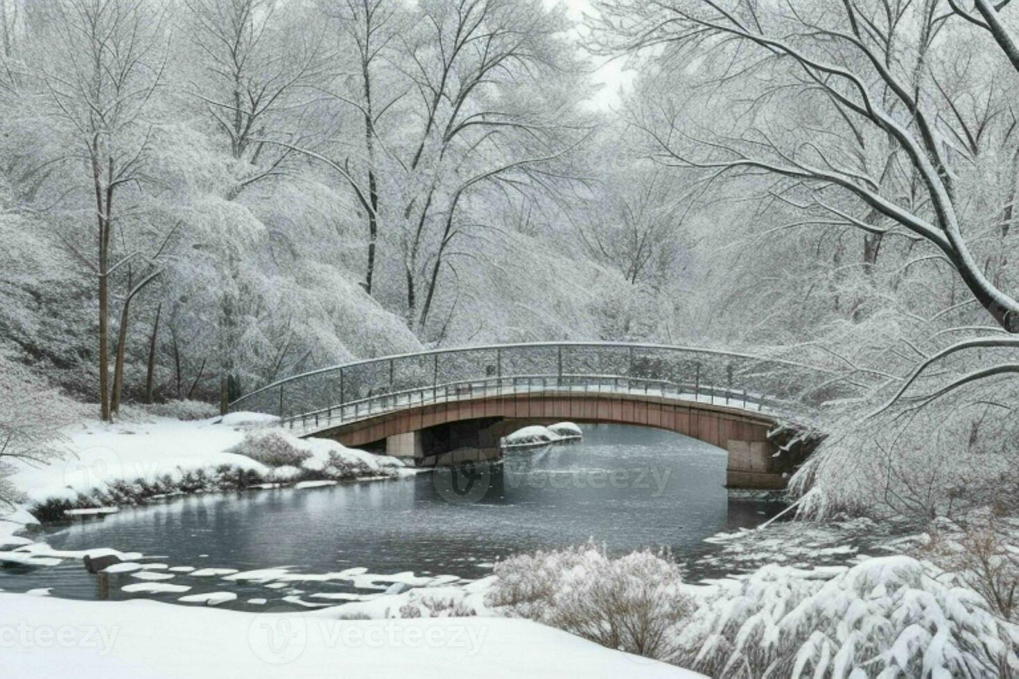 Winter at the garden, showing a bridge over frozen water and trees covered with snow. background. AI Generative Pro Photo