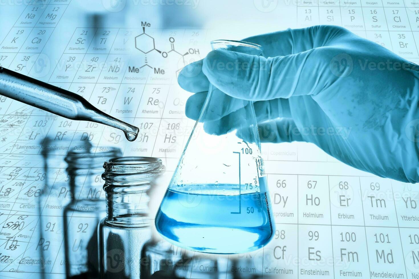 Flask in scientist hand with lab glassware background photo