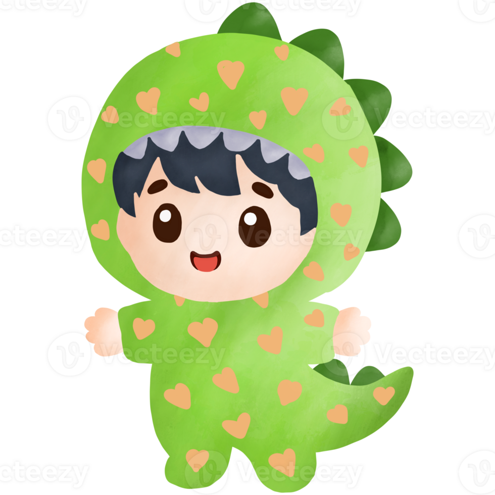 Watercolor Cute boy in green dinosaur costume png