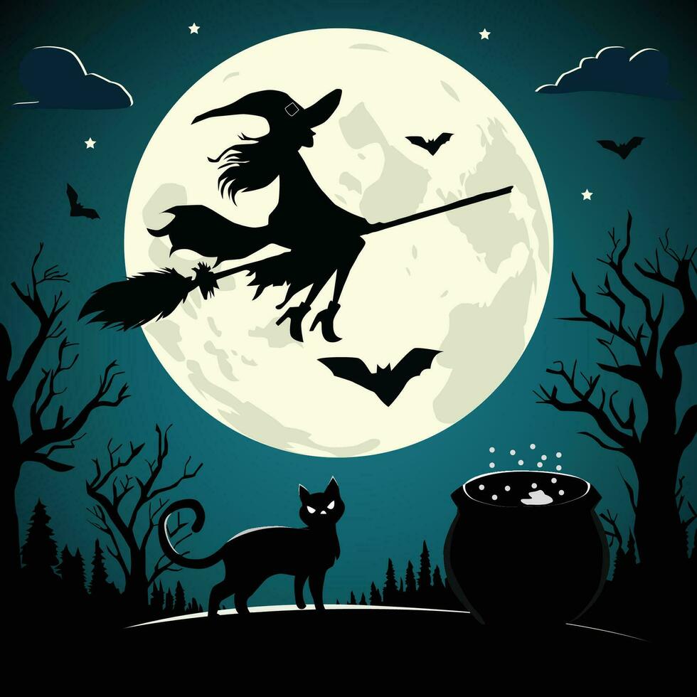 a witch riding her broomstick across a moonlit sky vector