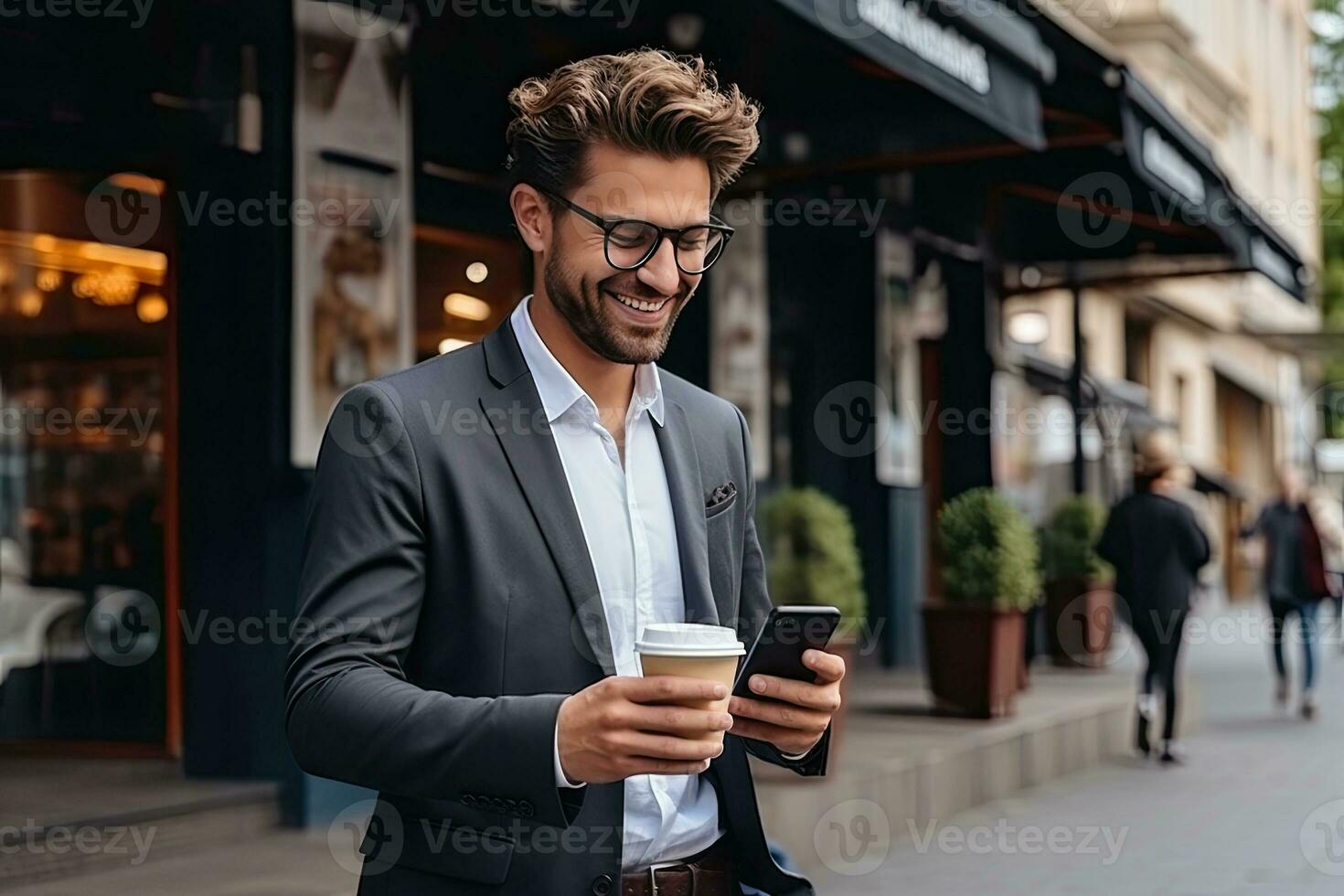 Handsome businessman using smartphone and holding coffee cup while in the city. Generative AI photo