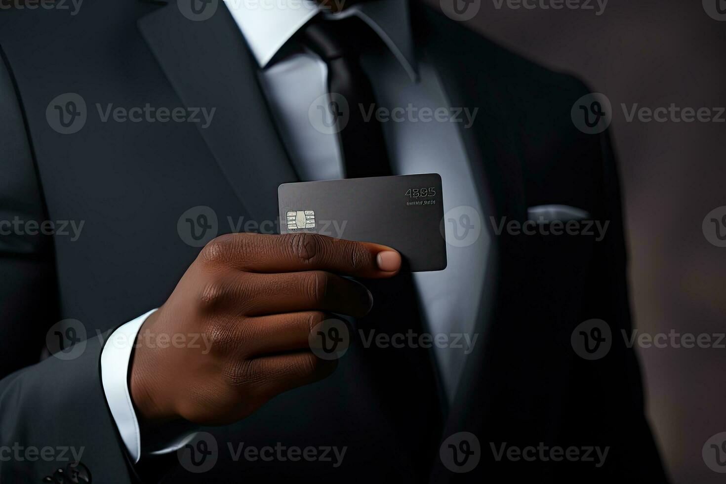 Businessman holding credit card on dark background, closeup. Online shopping. Generative AI photo