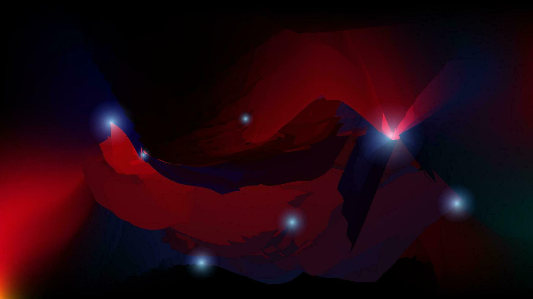 antecedentes con brillante luces, un rojo y azul resumen imagen de un montaña paisaje con azul y rojo luces. vector ilustración para tu diseño, un rojo Rosa con un estrella en el medio