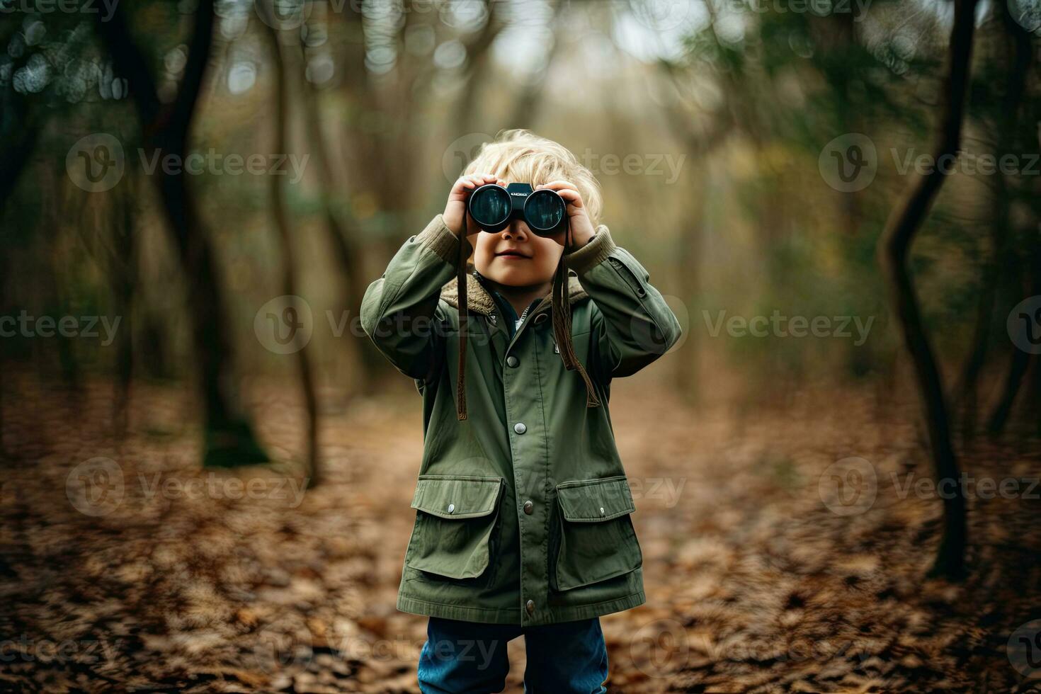 Little boy looking through binoculars in the park. Kid exploring nature.  Generative AI photo