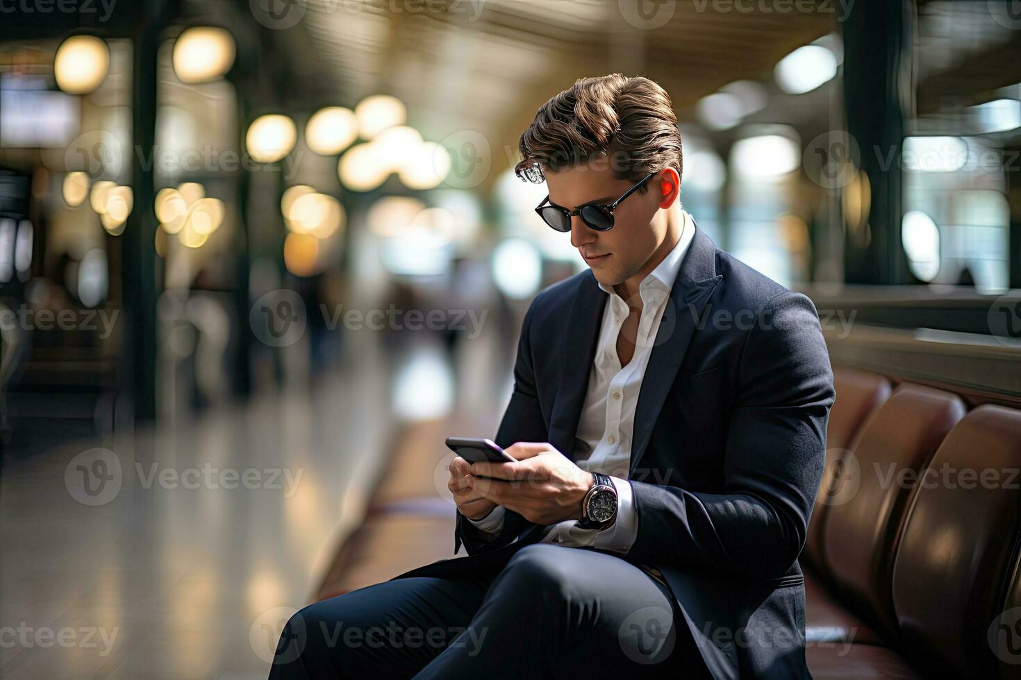 handsome businessman using smartphone while in the city. Generative AI photo