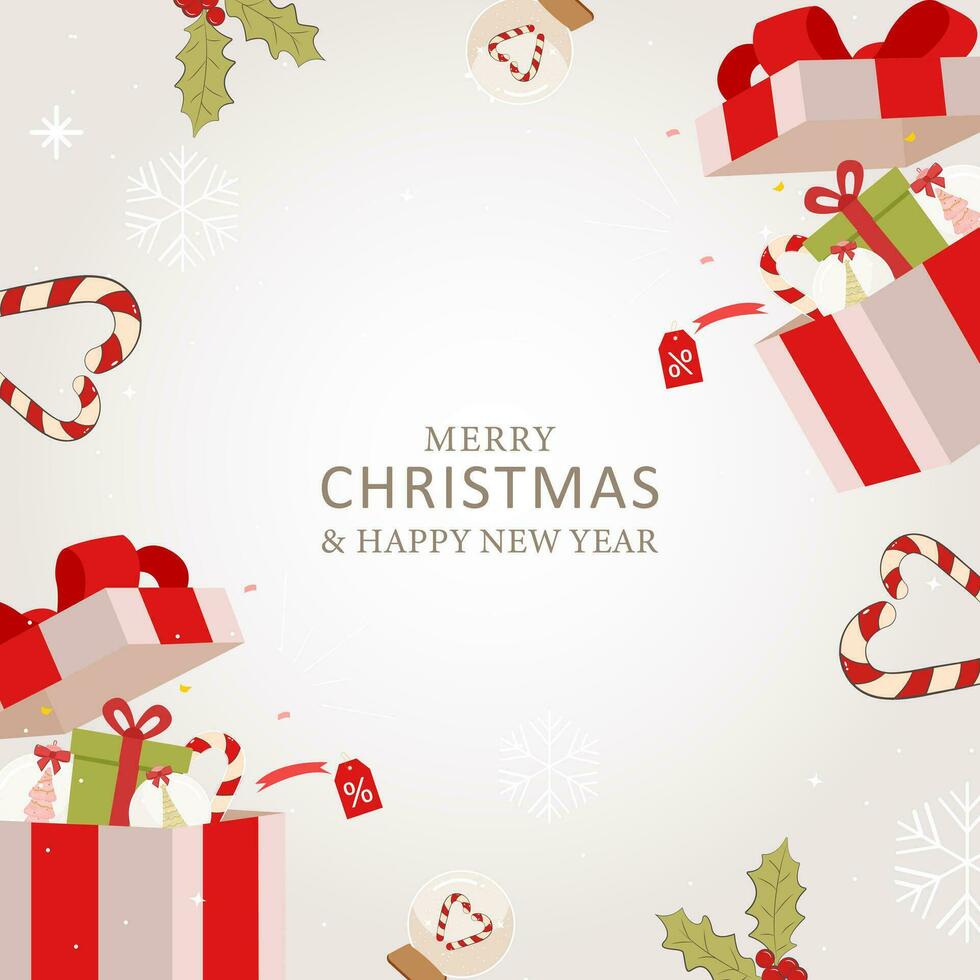 Christmas Background. Xmas design of gift box open full of decoration with ornament. Happy New Year poster, greeting card, banner vector