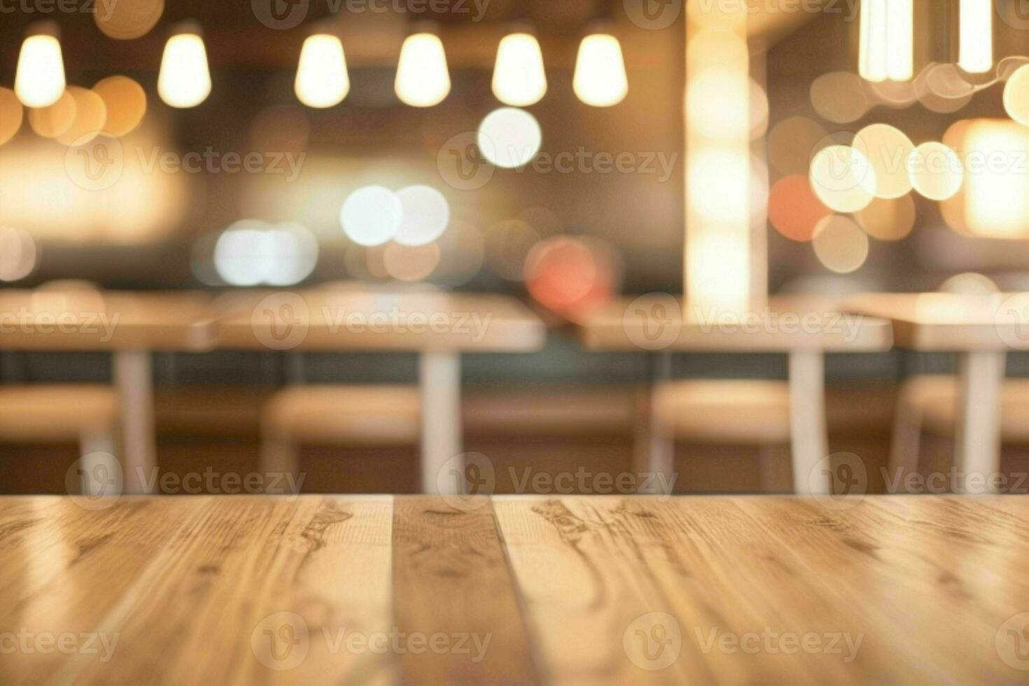 wooden table in front of a blurred background of restaurant lights. AI Generative Pro Photo