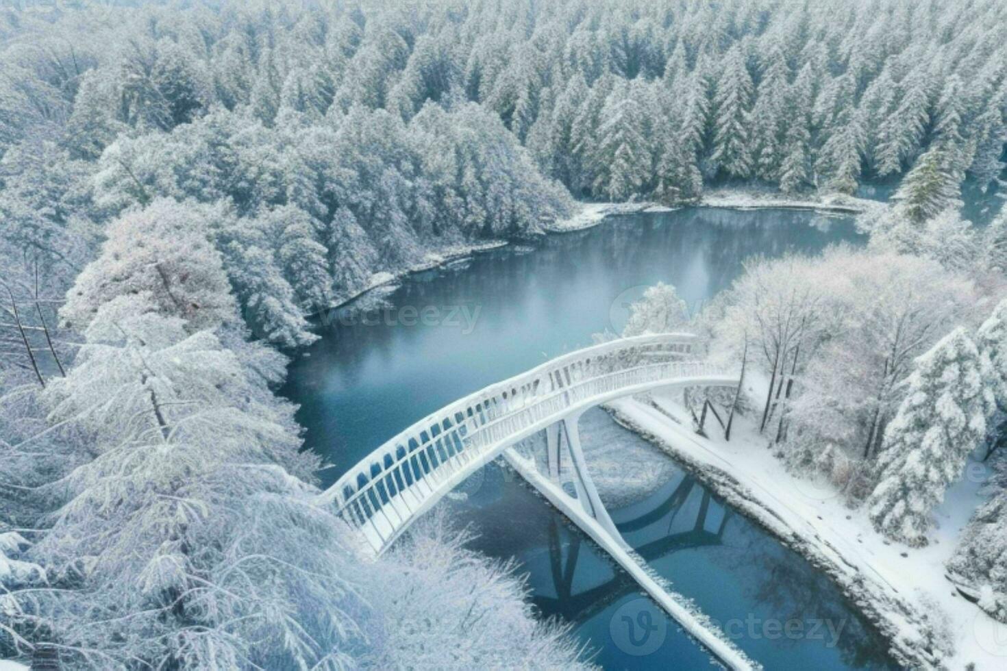 Winter at the garden, showing a bridge over frozen water and trees covered with snow. background. AI Generative Pro Photo