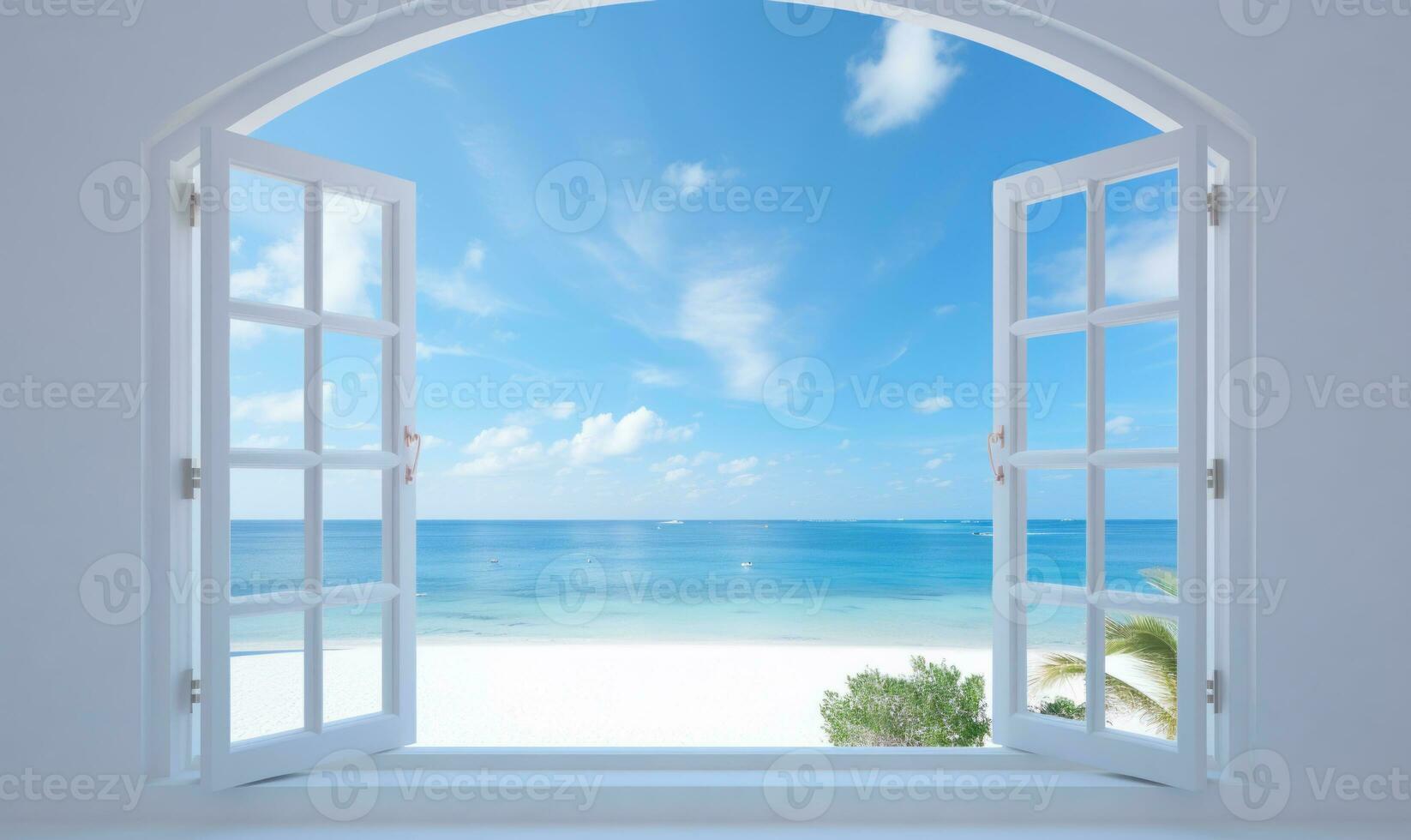 white window open with a view of the sea AI Generated photo