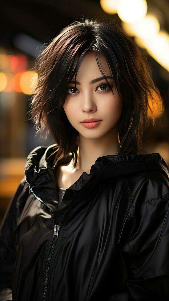Beautiful asian teenager with short hair and black jacket. Generative AI photo