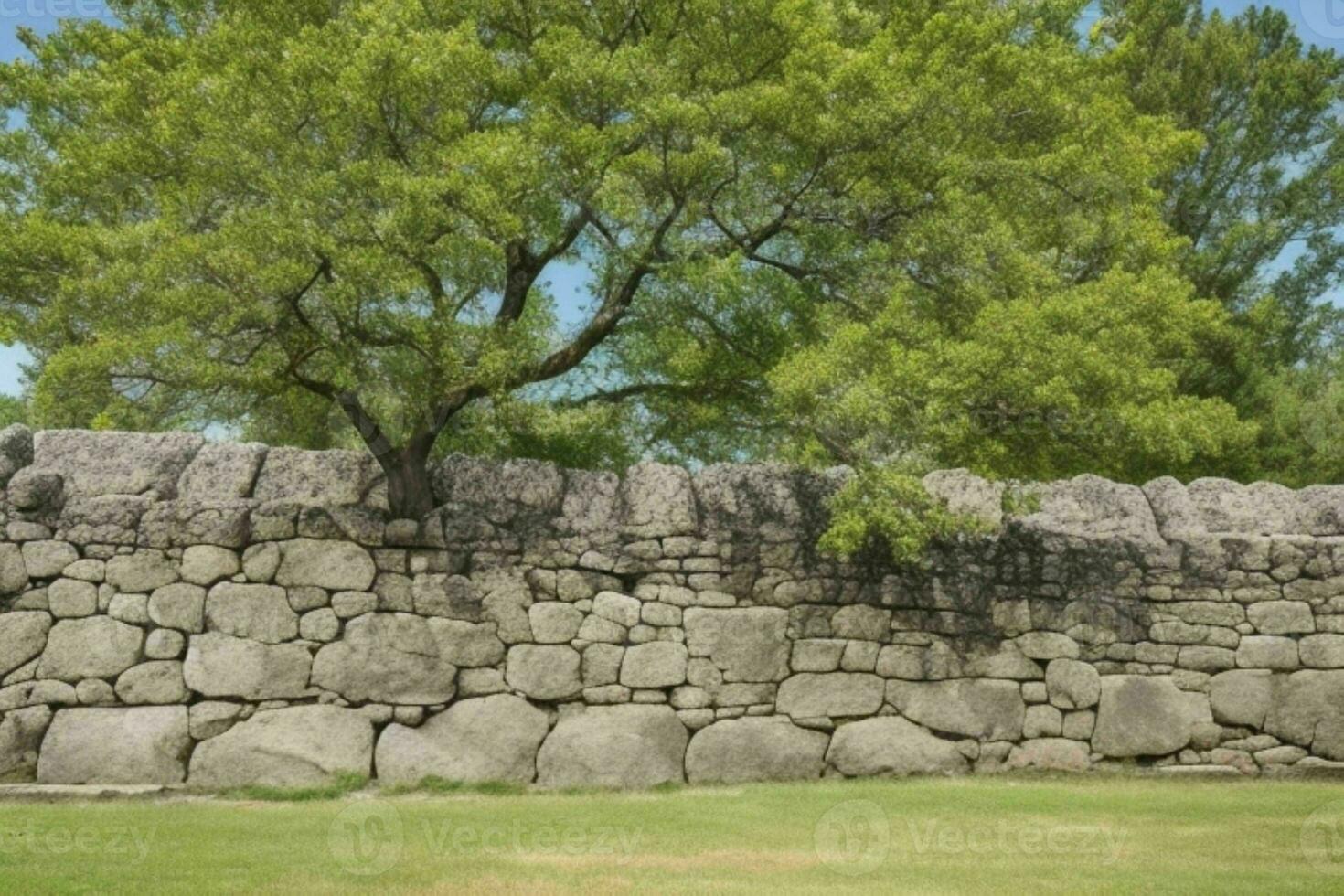 Stone rock wall with a tree background. AI Generative Pro Photo