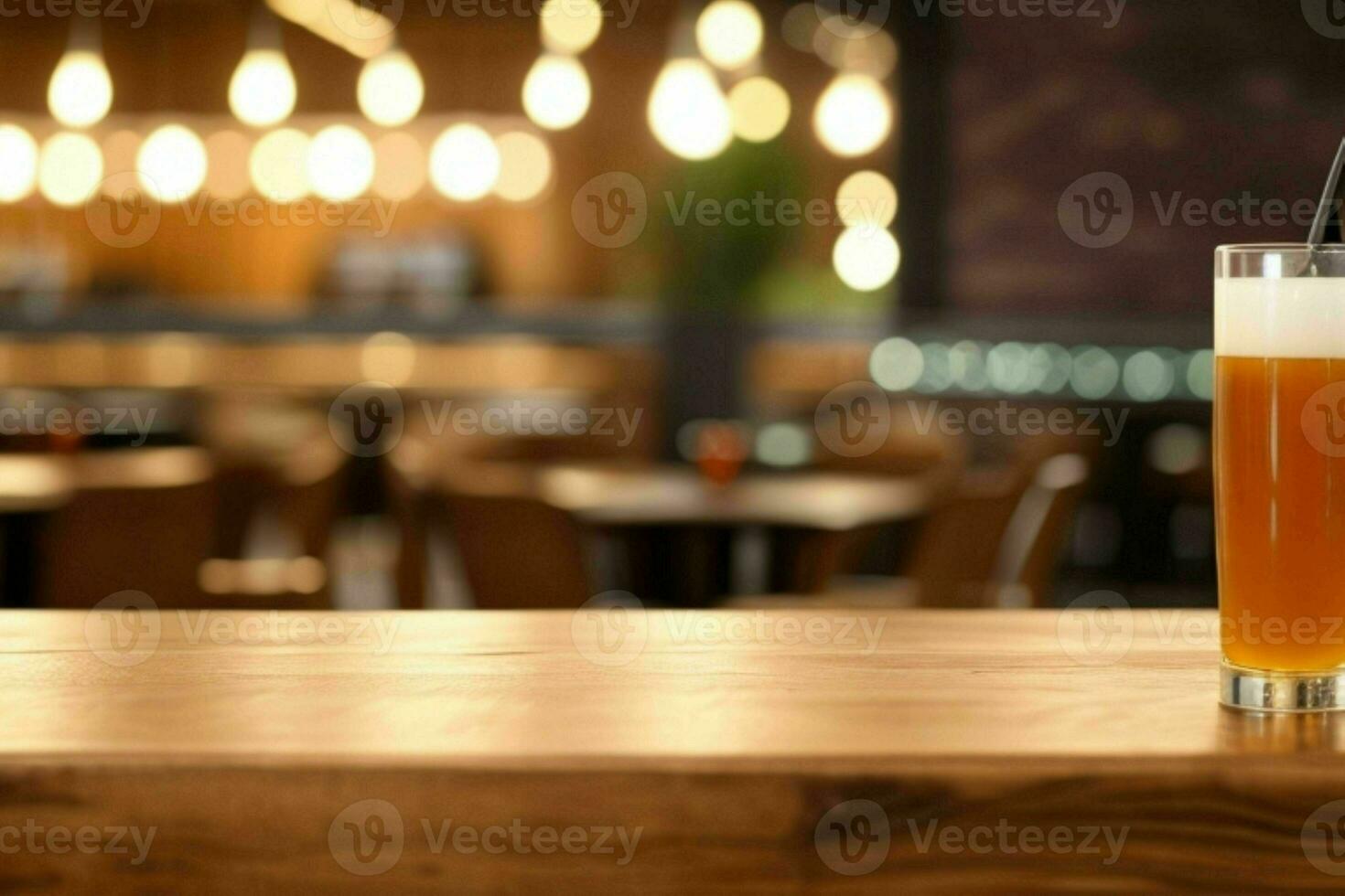 wooden table in front of a blurred background of restaurant lights. AI Generative Pro Photo