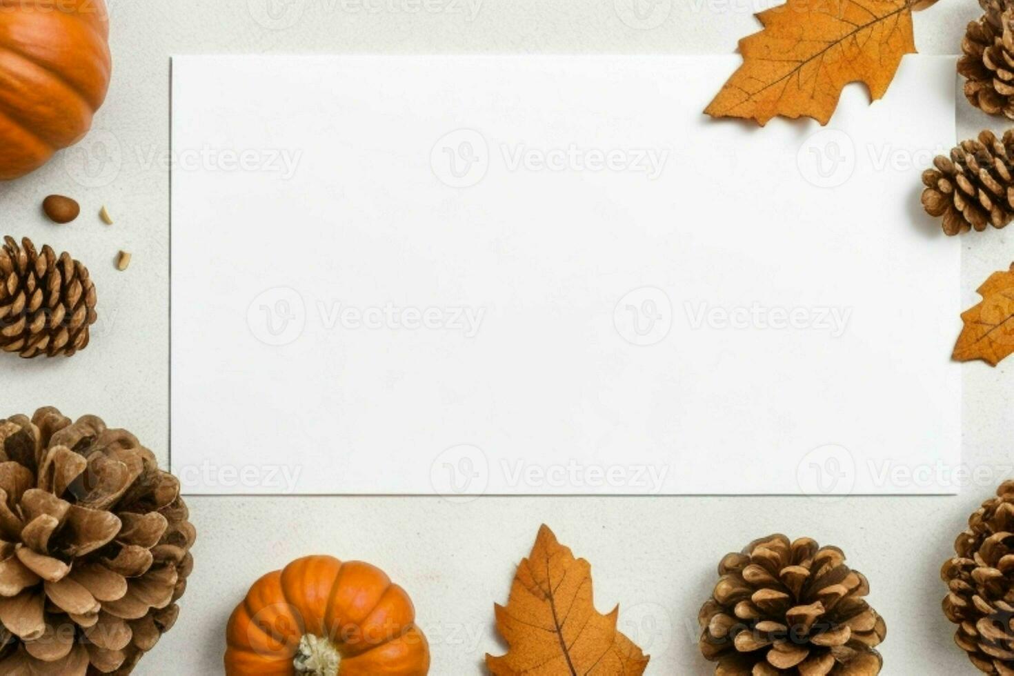 pumpkin, pine cones and dry leaves decoration. paperwhite blank card mockup background. AI Generative Pro Photo