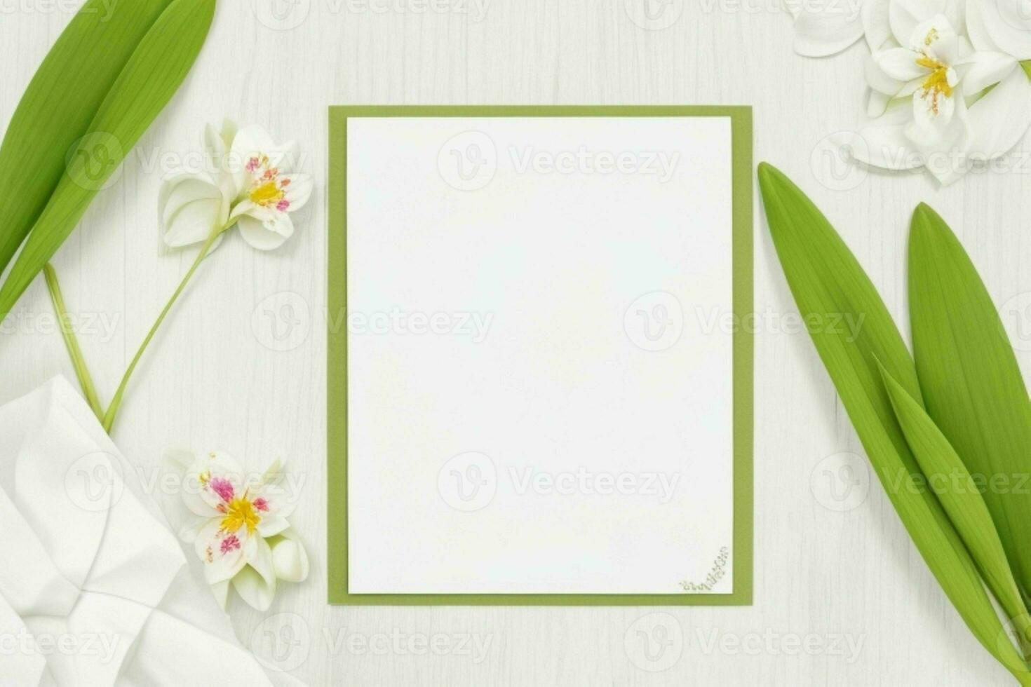 flower decoration. paperwhite blank card mockup background. AI Generative Pro Photo